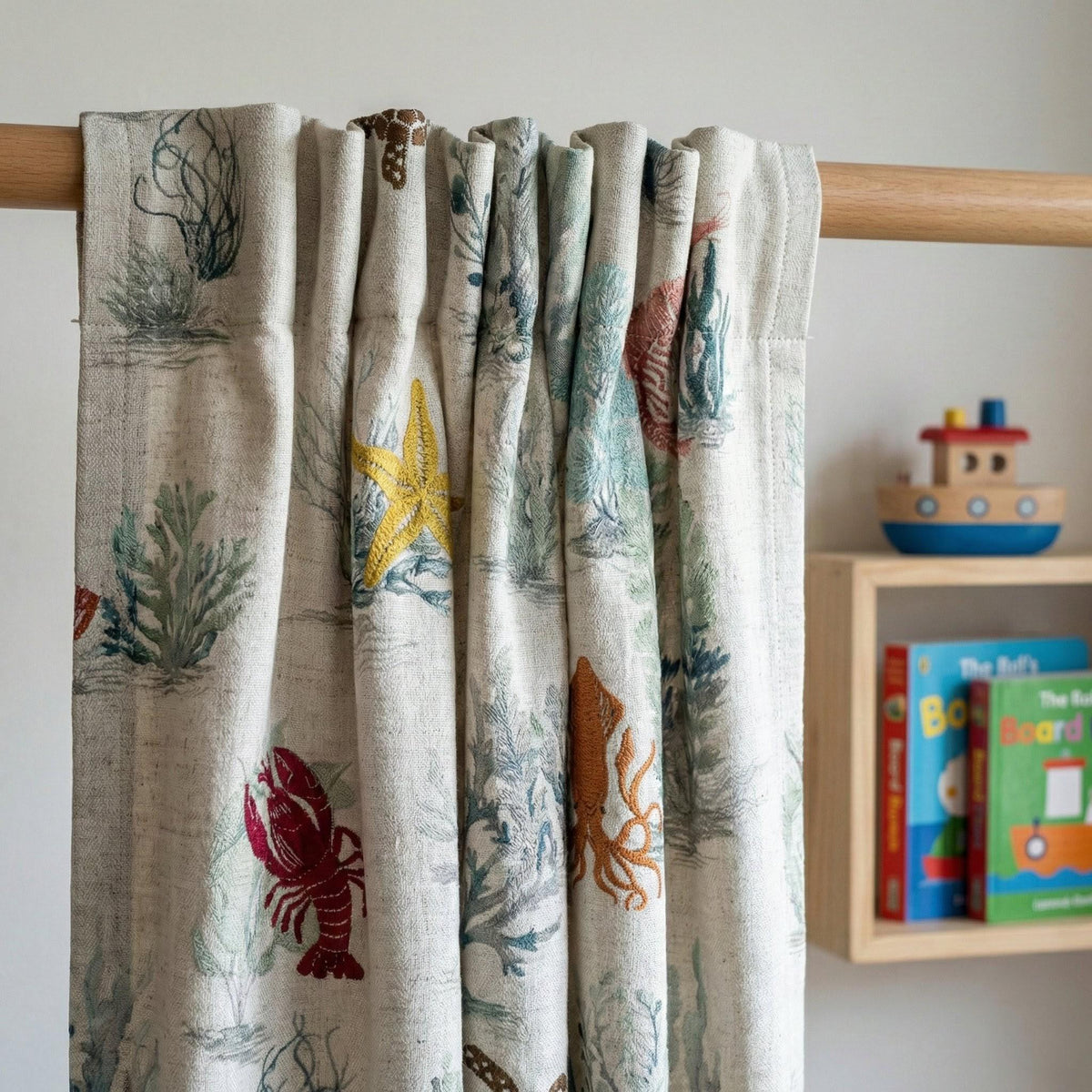 Embroidered Linen Nursery Curtains, Ocean Toile Sea Life Drapes — image 5