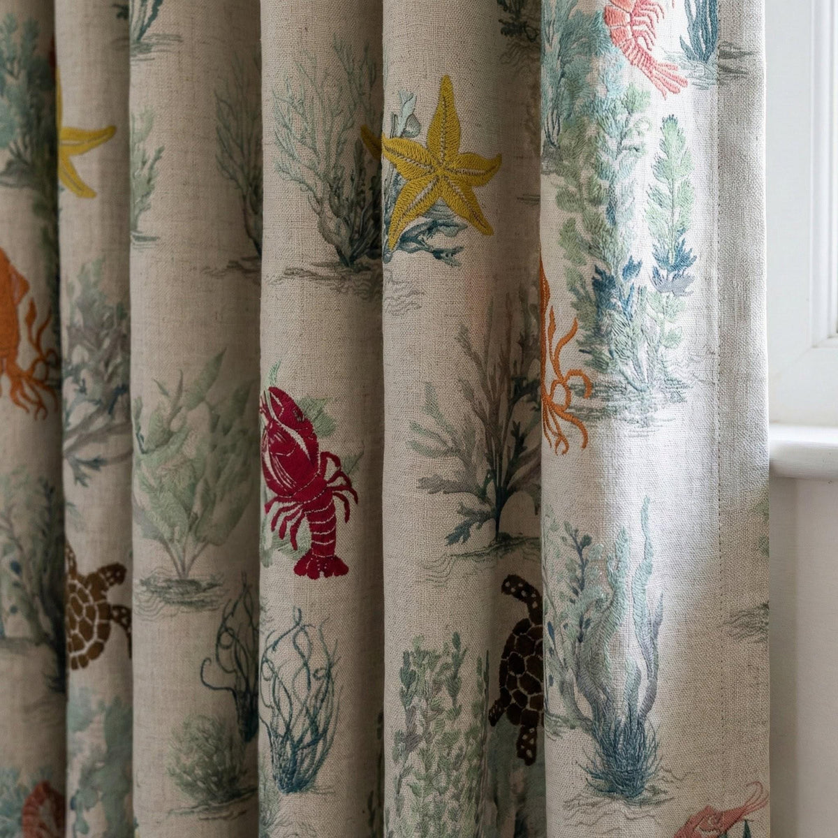 Embroidered Linen Nursery Curtains, Ocean Toile Sea Life Drapes — image 1