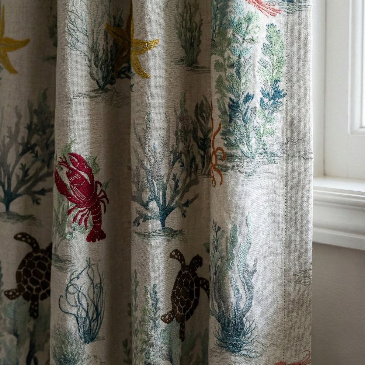 Embroidered Linen Nursery Curtains, Ocean Toile Sea Life Drapes — image 7