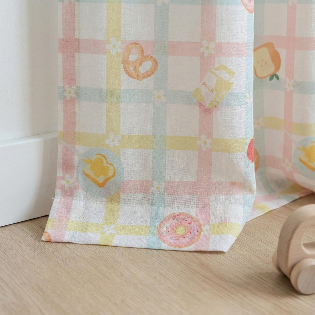 Linen Sheer Nursery Curtains, Pastel Plaid Breakfast Print, Custom Size — image 1