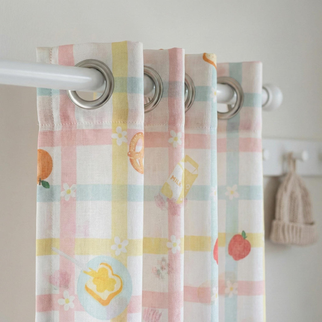 Linen Sheer Nursery Curtains, Pastel Plaid Breakfast Print, Custom Size — image 1
