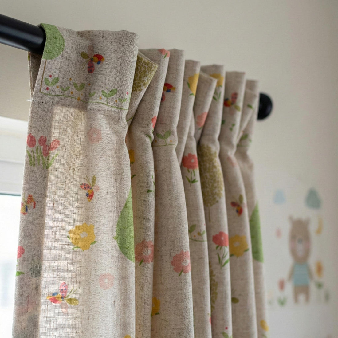 Linen Nursery Curtains, Floral Butterfly Print, Flax Sheer Drapes — image 1