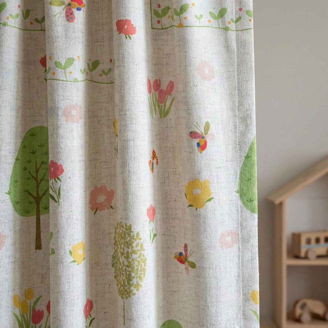 Linen Nursery Curtains, Floral Butterfly Print, Flax Sheer Drapes — image 1