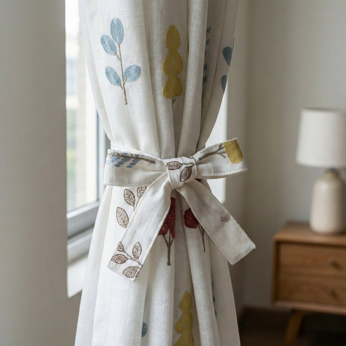 Linen Nursery Curtains, White Embroidered Woodland Tree Drapes — image 3