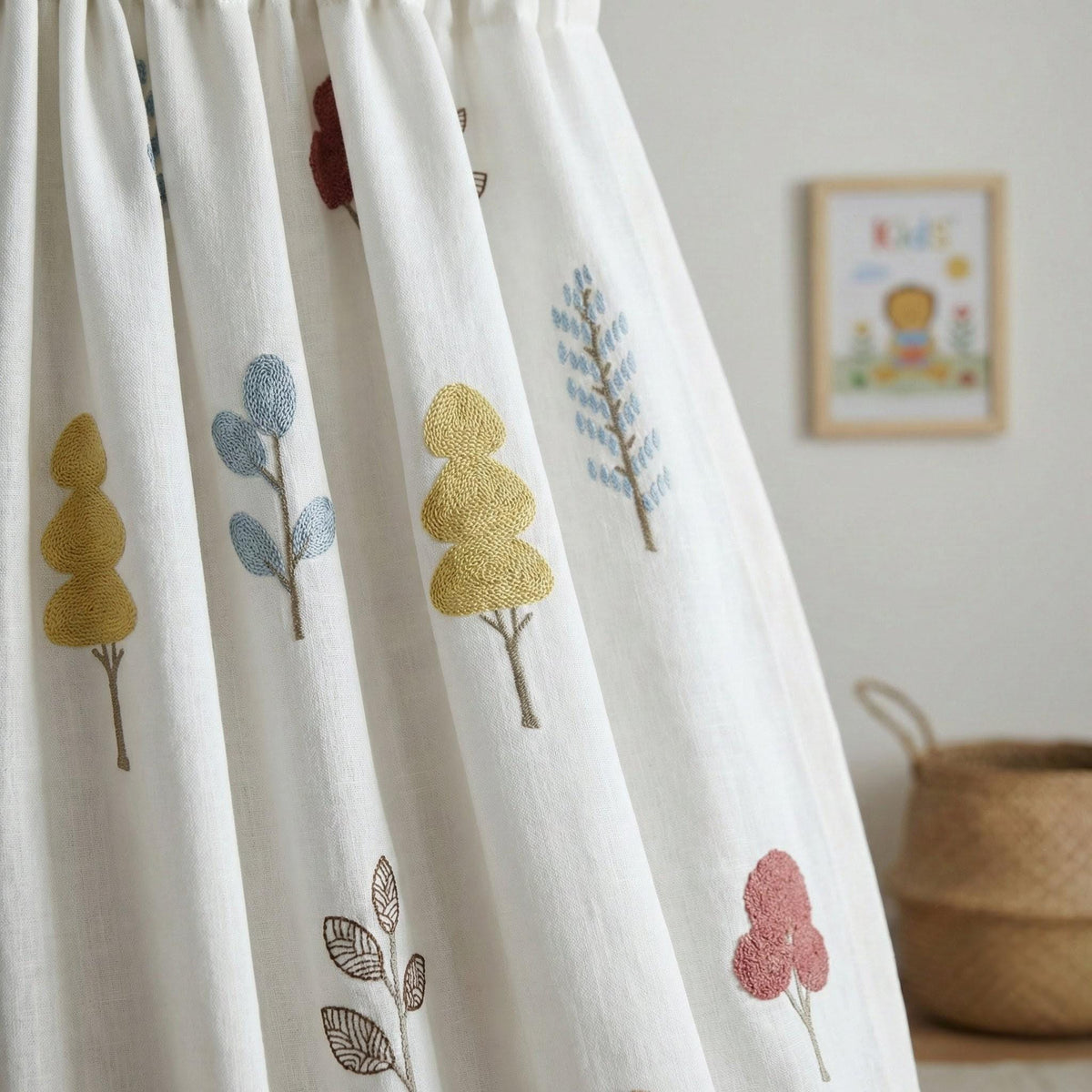 Linen Nursery Curtains, White Embroidered Woodland Tree Drapes — image 1