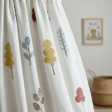 Linen Nursery Curtains, White Embroidered Woodland Tree Drapes — image 1