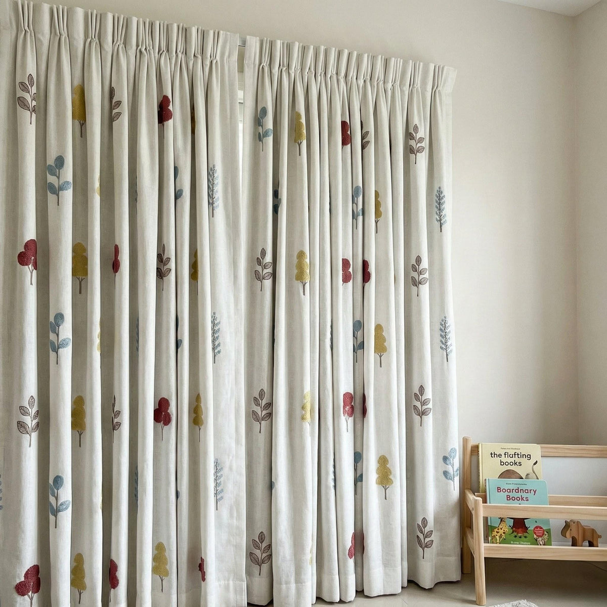 Linen Nursery Curtains, White Embroidered Woodland Tree Drapes — image 4