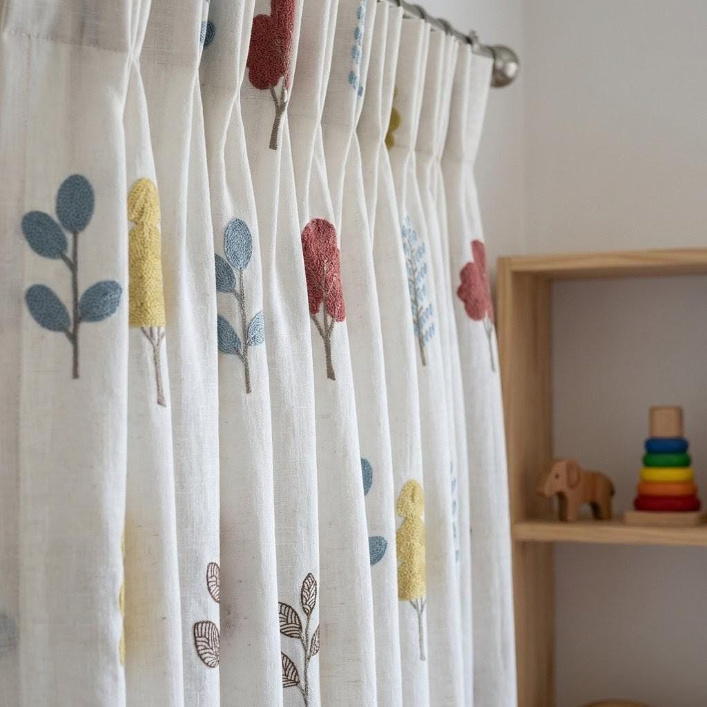 Linen Nursery Curtains, White Embroidered Woodland Tree Drapes — image 7