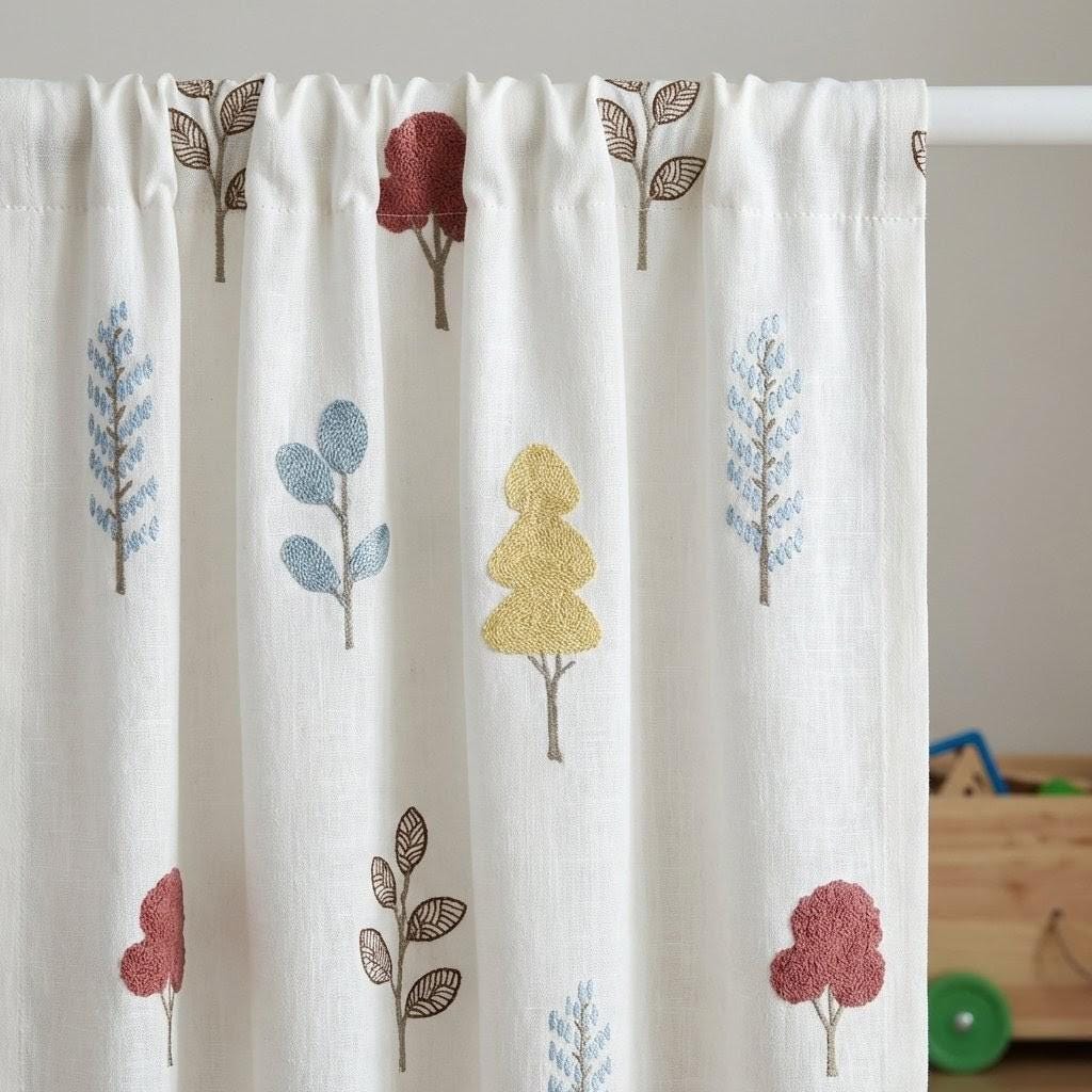Linen Nursery Curtains, White Embroidered Woodland Tree Drapes — image 9