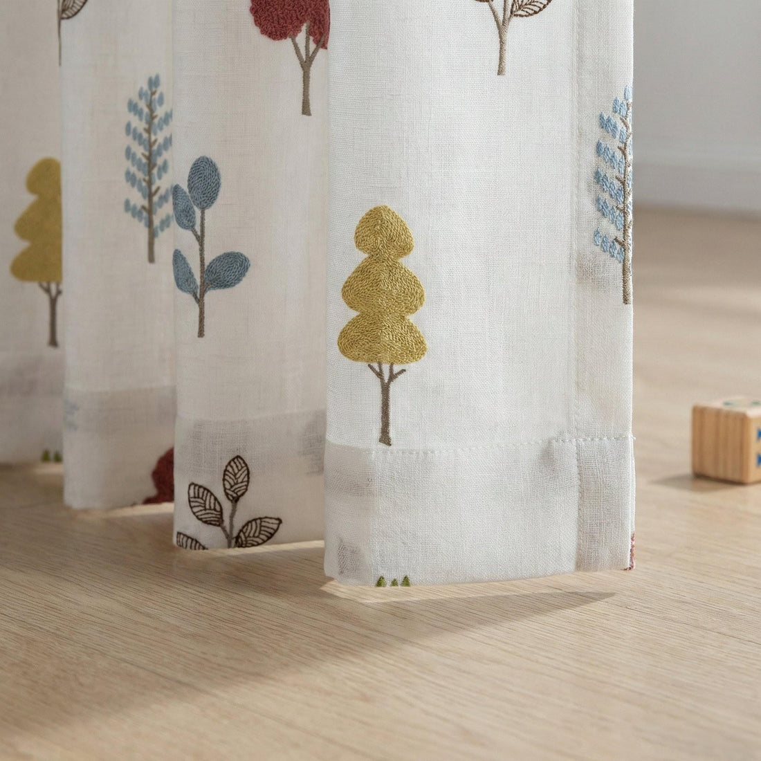 Linen Nursery Curtains, White Embroidered Woodland Tree Drapes — image 1
