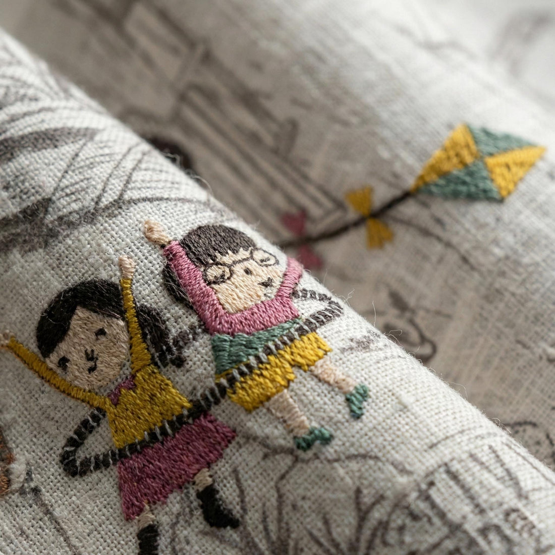 Linen Nursery Curtains, Embroidered Playground Kids Design, Grey Drapes — image 1
