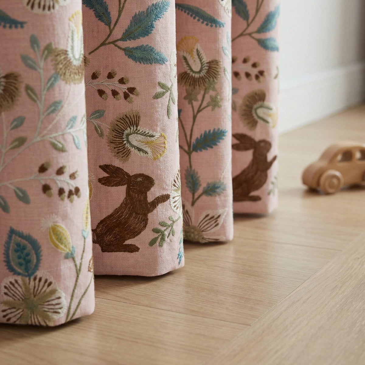 Pink Linen Nursery Curtains, Embroidered Bunny Floral Drapes — image 4