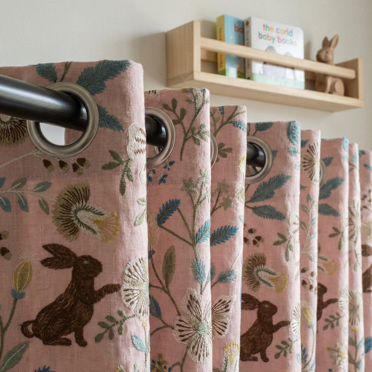 Pink Linen Nursery Curtains, Embroidered Bunny Floral Drapes — image 9