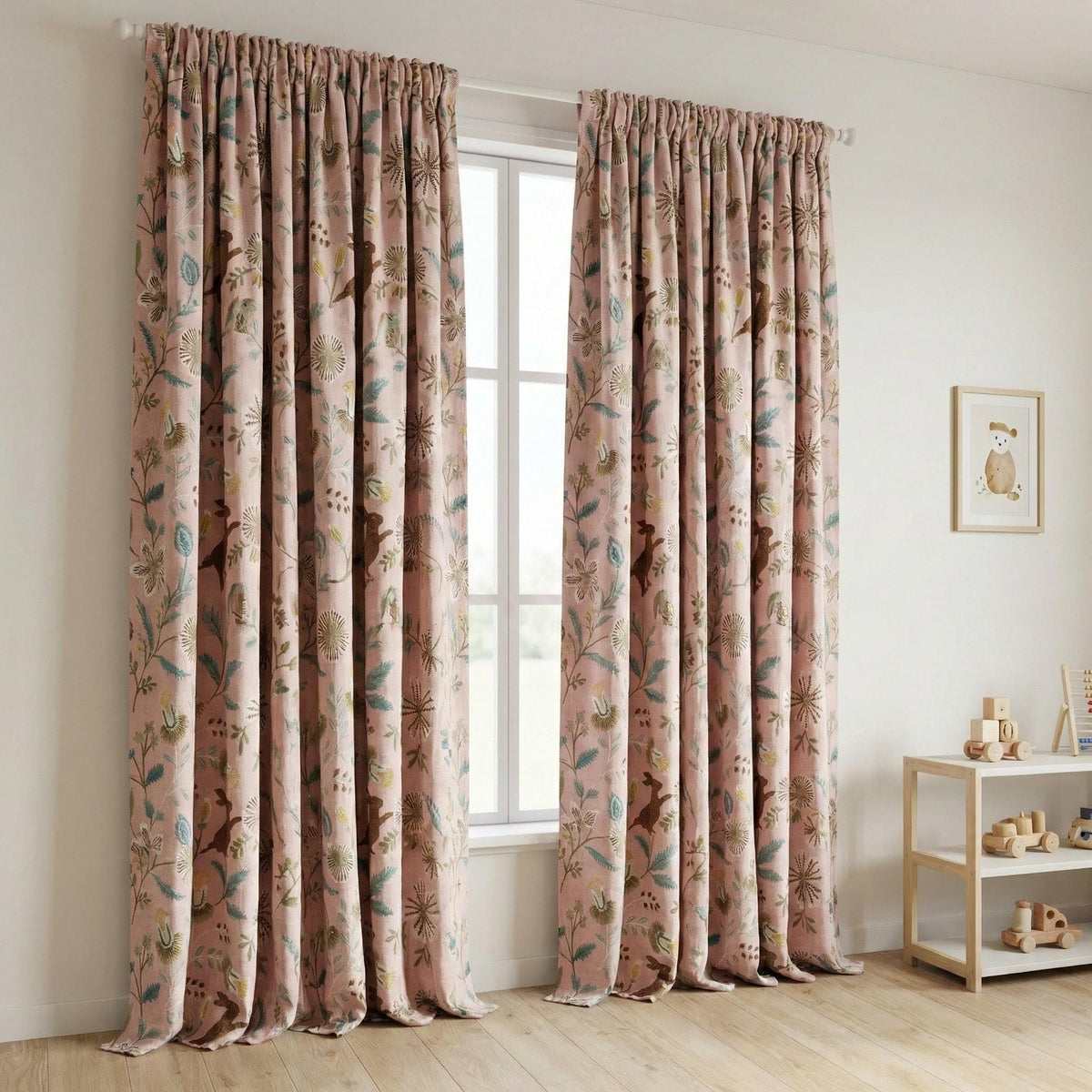 Pink Linen Nursery Curtains, Embroidered Bunny Floral Drapes — image 7