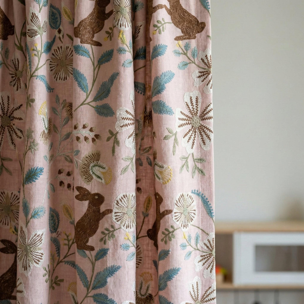 Pink Linen Nursery Curtains, Embroidered Bunny Floral Drapes — image 6