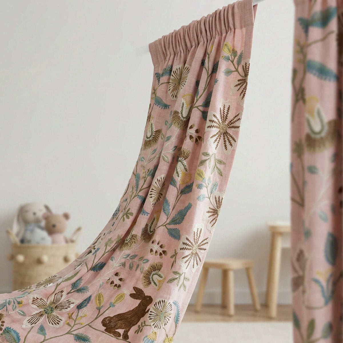 Pink Linen Nursery Curtains, Embroidered Bunny Floral Drapes — image 5