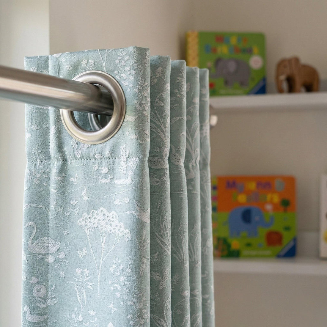 Swan Nursery Curtains, Seafoam Mint Linen Jacquard, Floral Kids Drapes — image 1