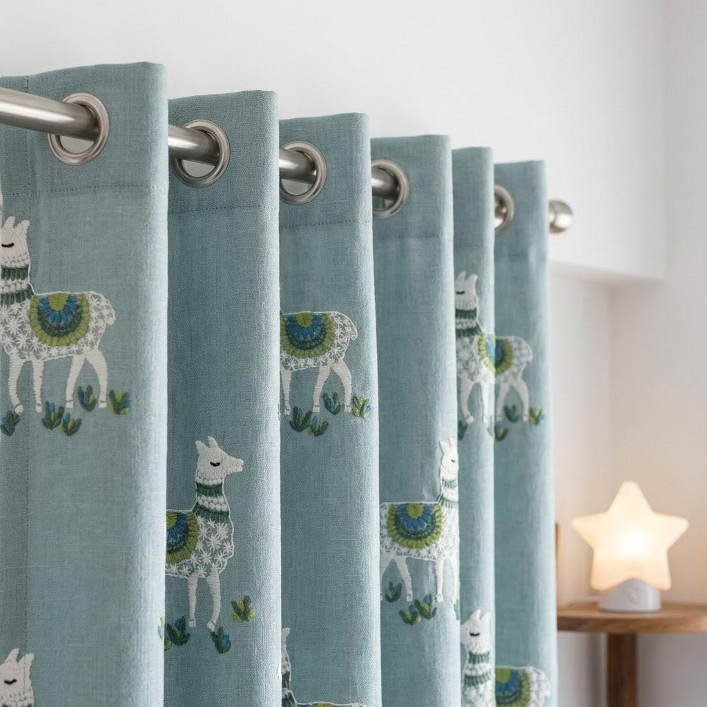 Llama Embroidered Linen Nursery Curtains, Dusty Aqua Blue — image 6