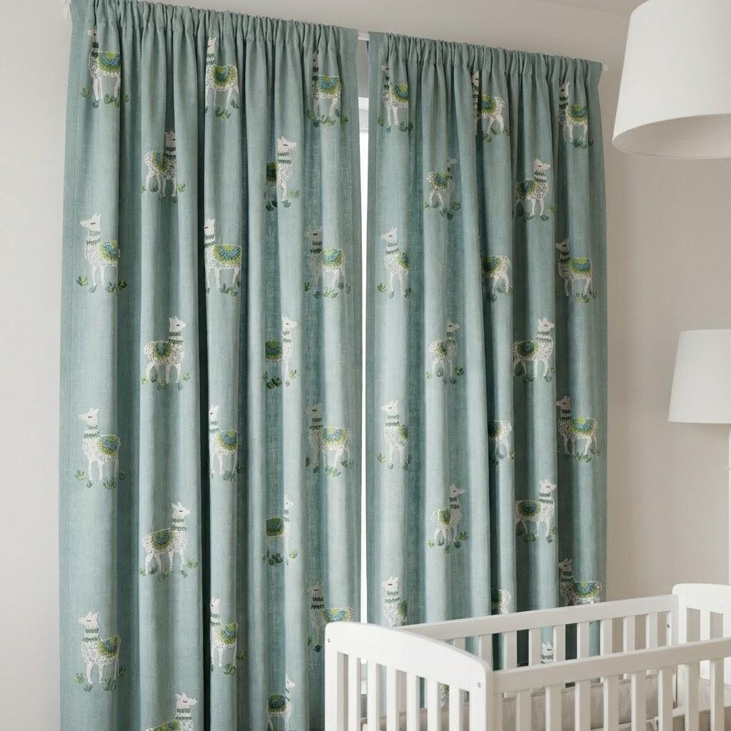Llama Embroidered Linen Nursery Curtains, Dusty Aqua Blue — image 7