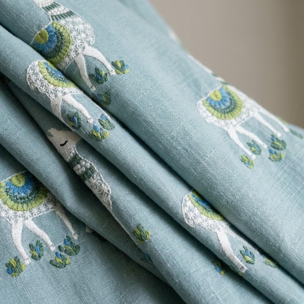 Llama Embroidered Linen Nursery Curtains, Dusty Aqua Blue — image 8