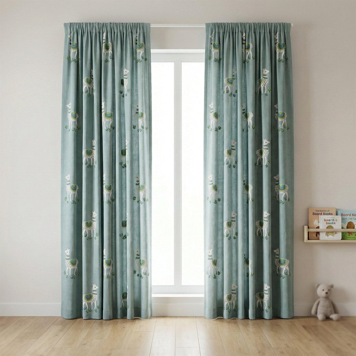 Llama Embroidered Linen Nursery Curtains, Dusty Aqua Blue — image 5