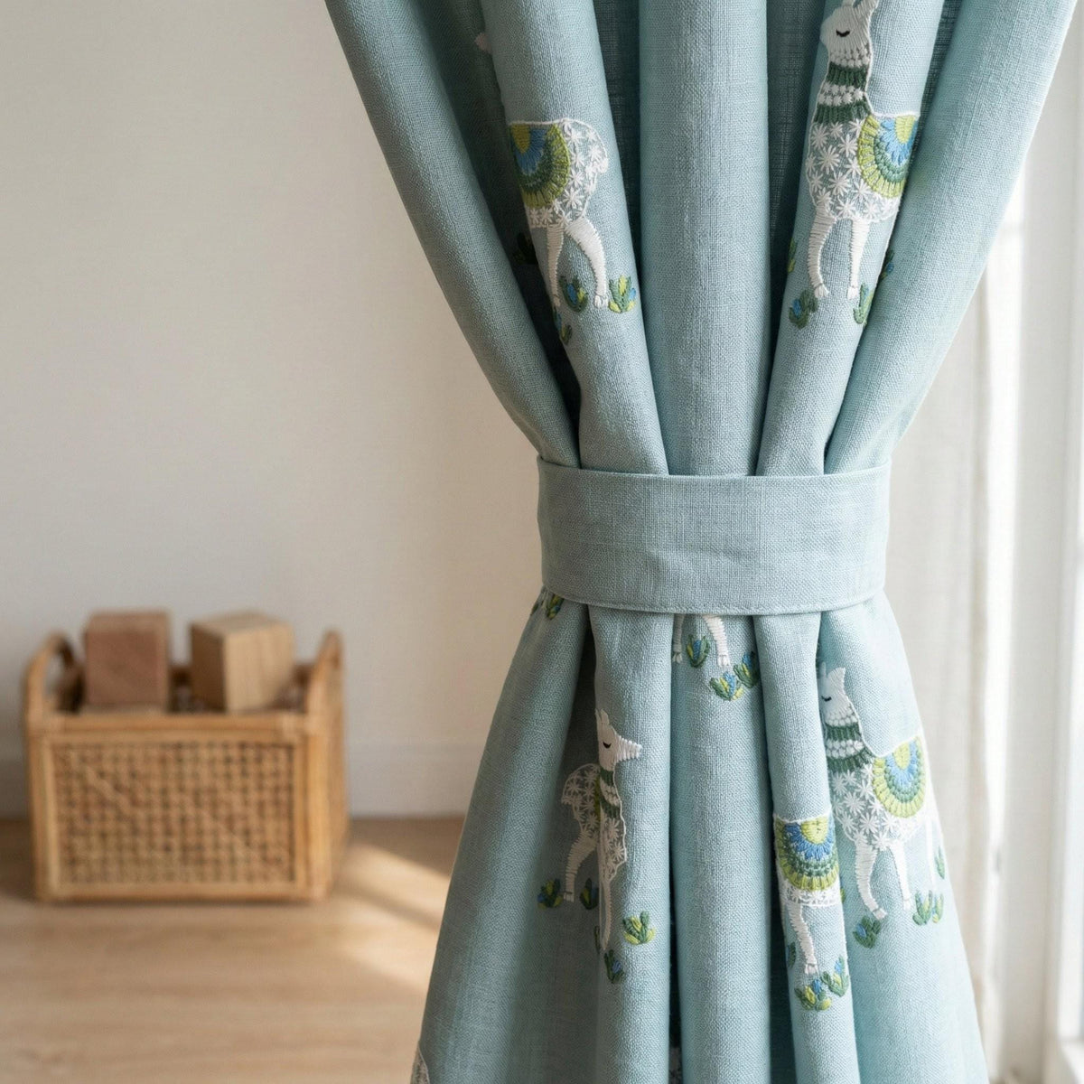Llama Embroidered Linen Nursery Curtains, Dusty Aqua Blue — image 4