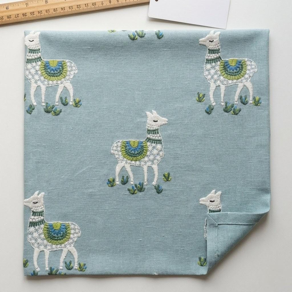 Llama Embroidered Linen Nursery Curtains, Dusty Aqua Blue — image 9