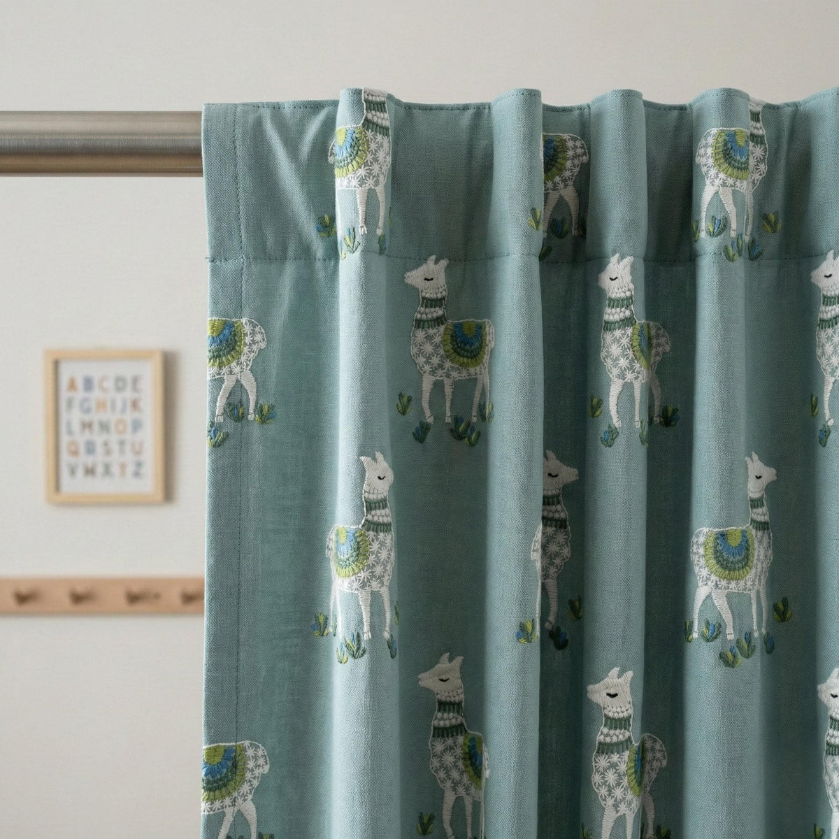 Llama Embroidered Linen Nursery Curtains, Dusty Aqua Blue — image 10