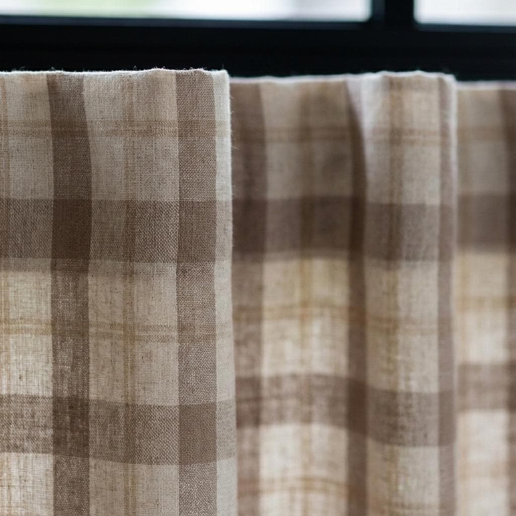Organic Linen Curtains - Taupe Windowpane Check with Liner Options — image 6