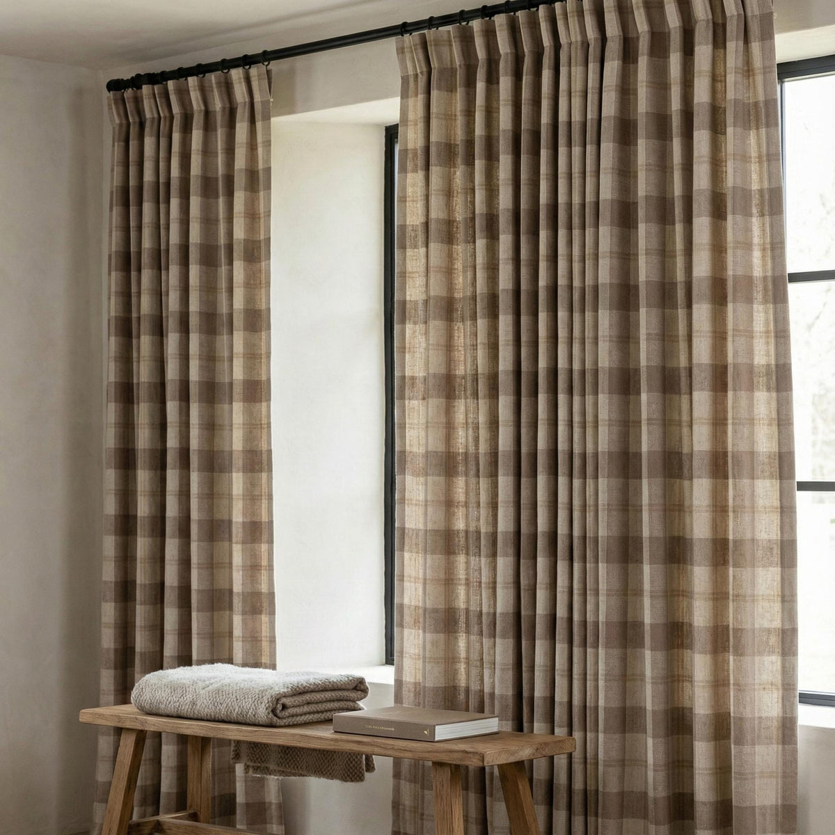 Organic Linen Curtains - Taupe Windowpane Check with Liner Options — image 9
