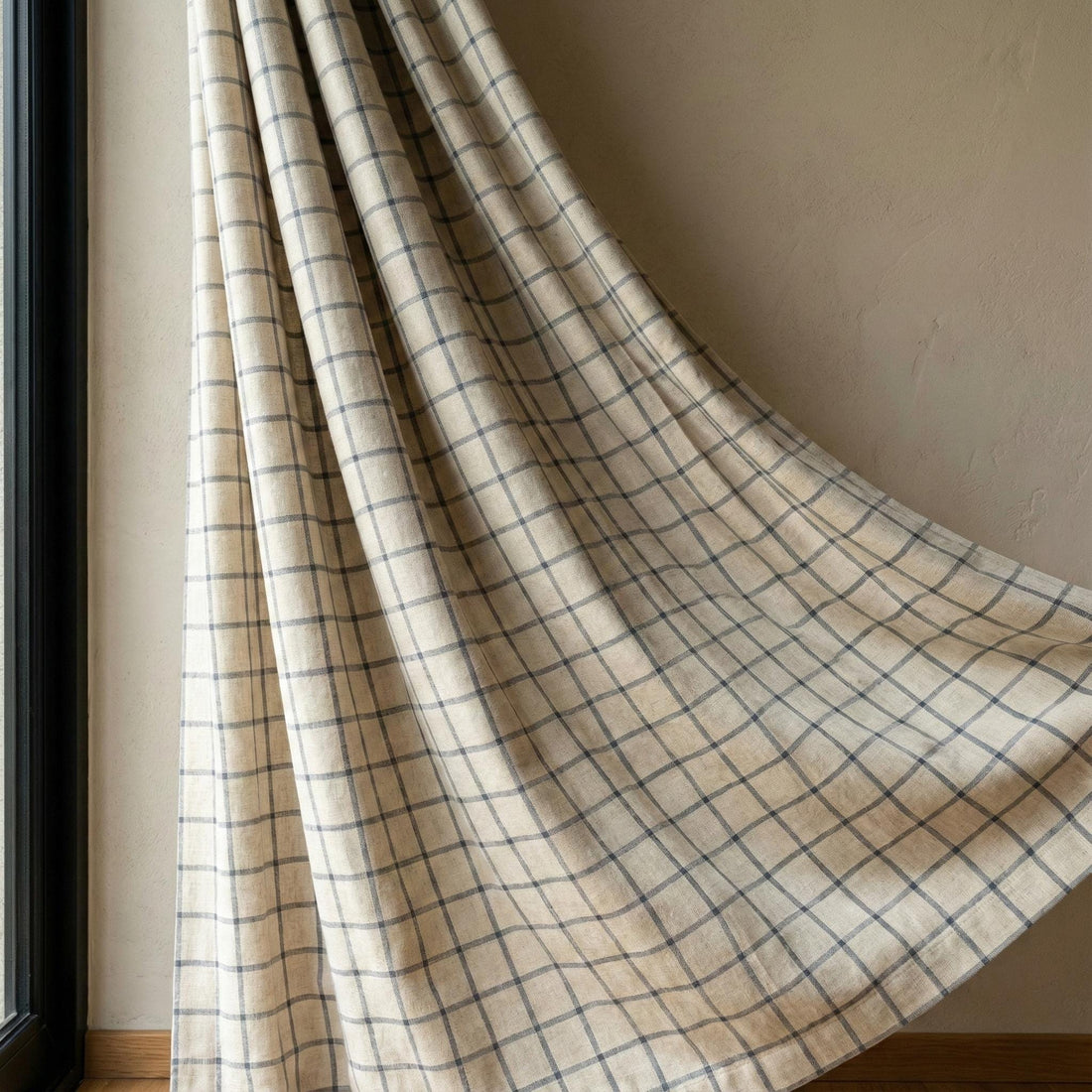 Organic Linen Curtains, Slate Blue Windowpane Check (Blackout or Light-Filtering) — image 1