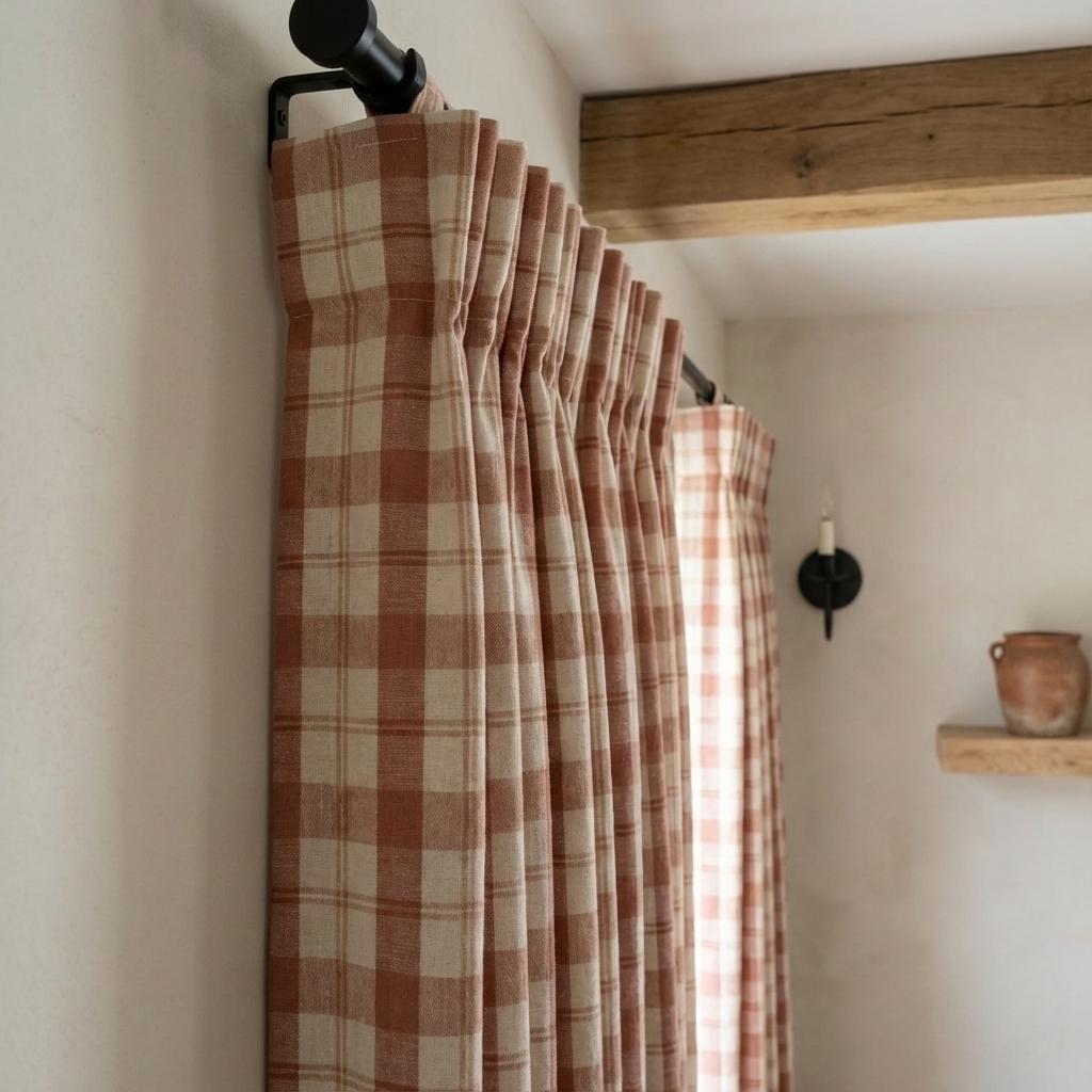 Organic Linen Curtains: Farmhouse Check Plaid in Terracotta & Taupe — image 5