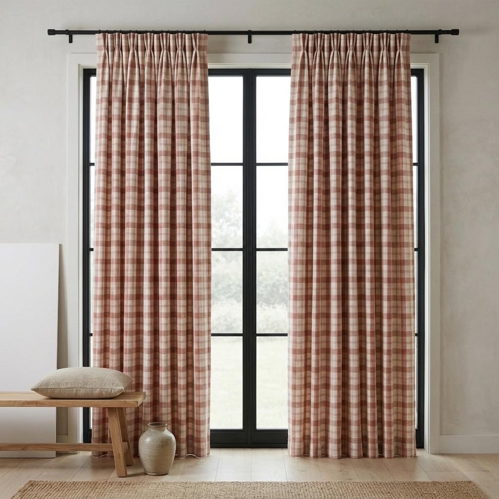 Organic Linen Curtains: Farmhouse Check Plaid in Terracotta & Taupe — image 9