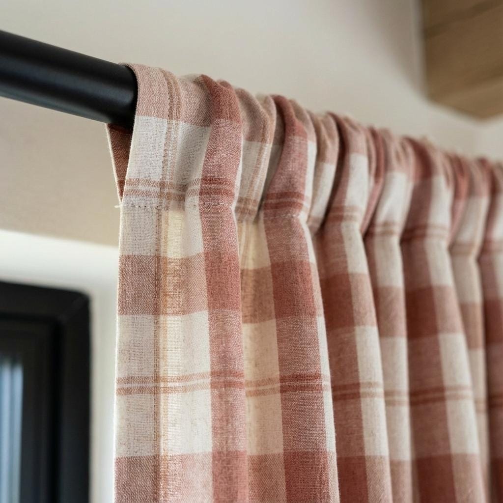 Organic Linen Curtains: Farmhouse Check Plaid in Terracotta & Taupe — image 4