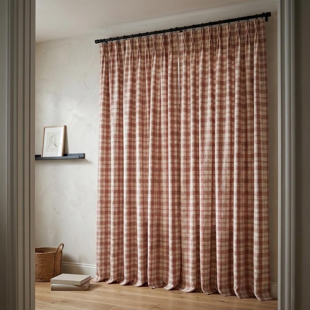 Organic Linen Curtains: Farmhouse Check Plaid in Terracotta & Taupe — image 8