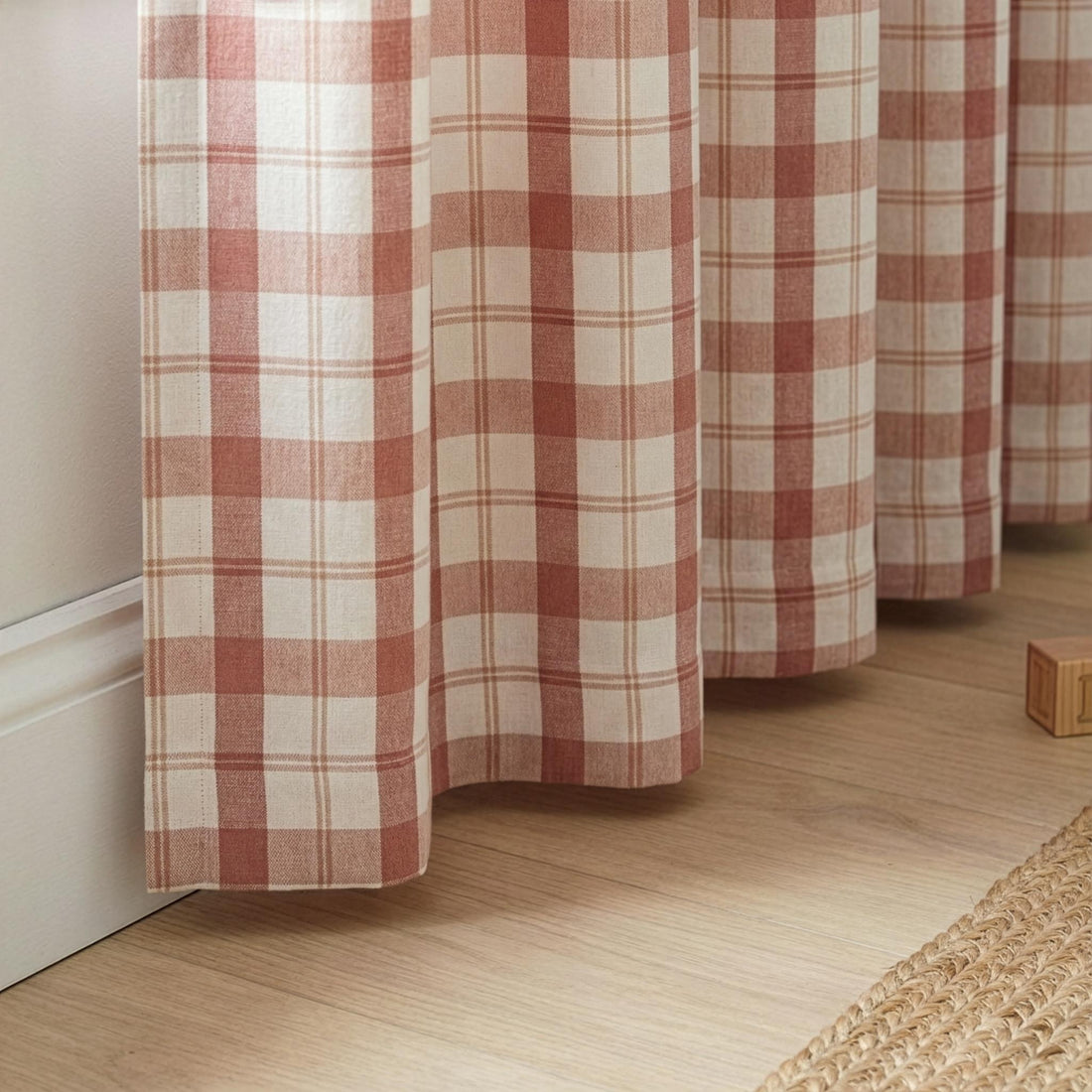 Organic Linen Curtains: Farmhouse Check Plaid in Terracotta & Taupe — image 1