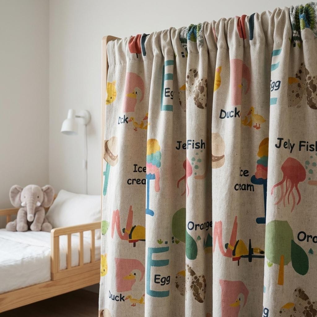 Alphabet Animal Linen Nursery Curtains, Playful Kids Room Drapes — image 5