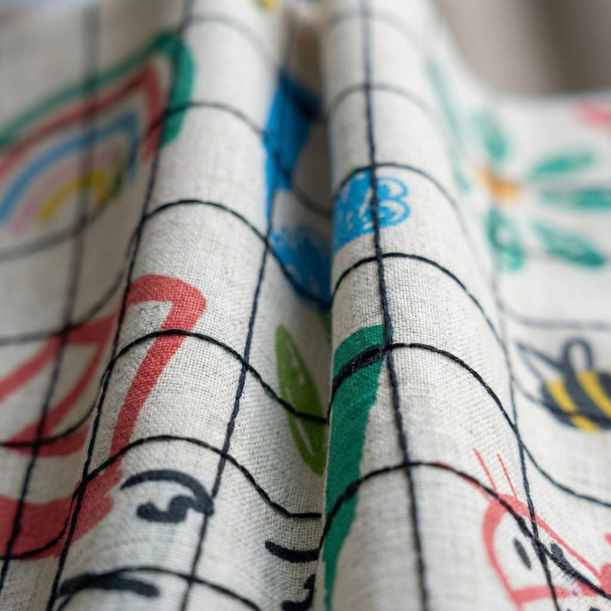 Sketch Grid Linen Nursery Curtains, Rainbow Bee Ladybug Print — image 5