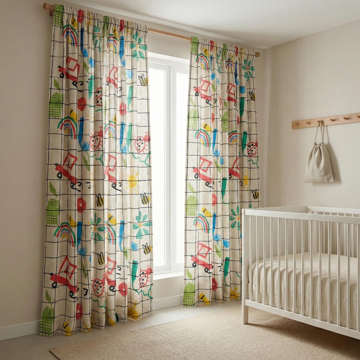 Sketch Grid Linen Nursery Curtains, Rainbow Bee Ladybug Print — image 6