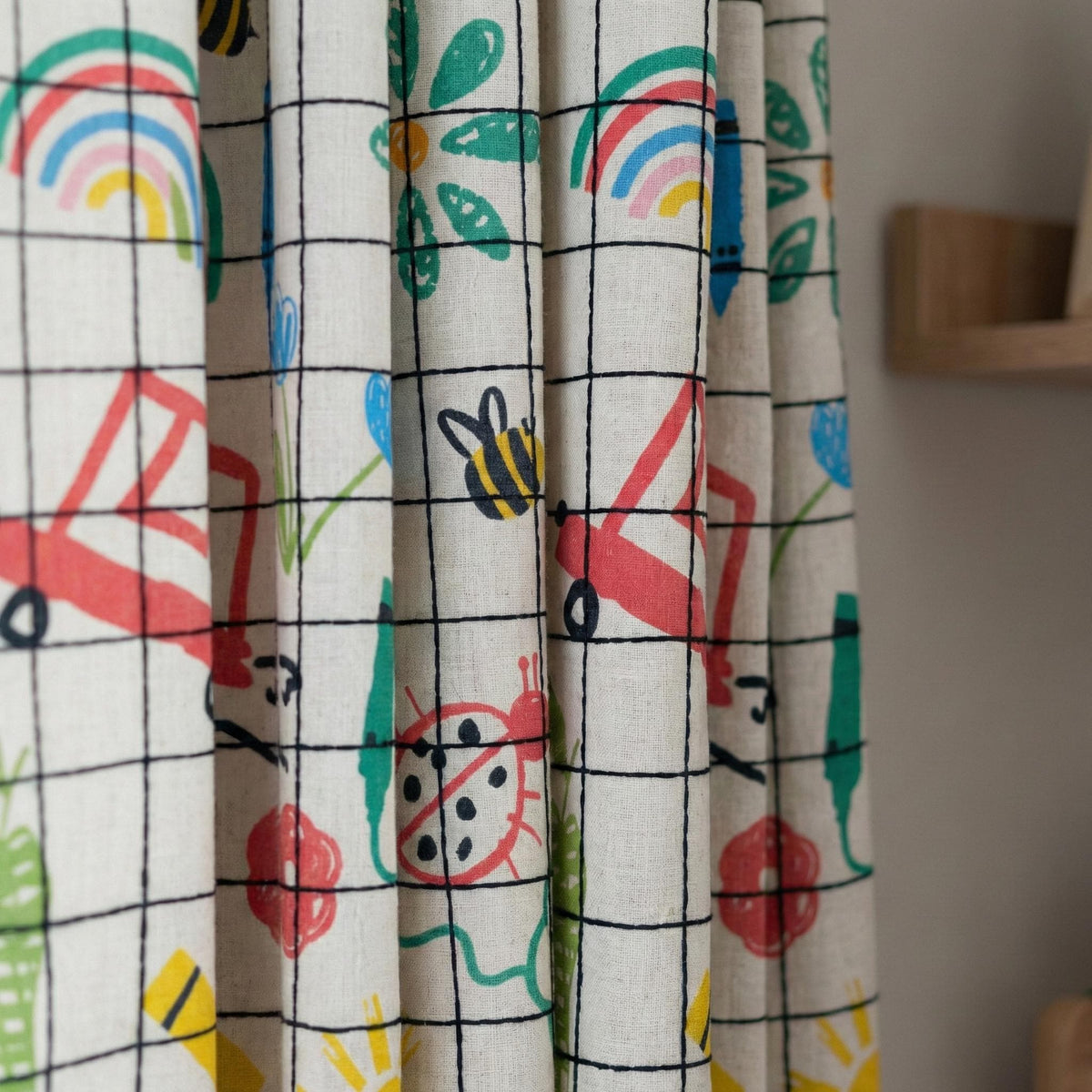 Sketch Grid Linen Nursery Curtains, Rainbow Bee Ladybug Print — image 10