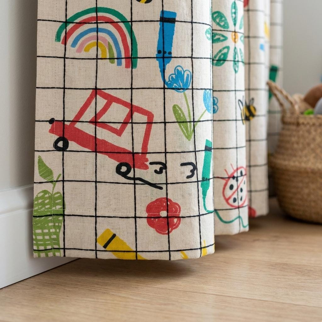 Sketch Grid Linen Nursery Curtains, Rainbow Bee Ladybug Print — image 3