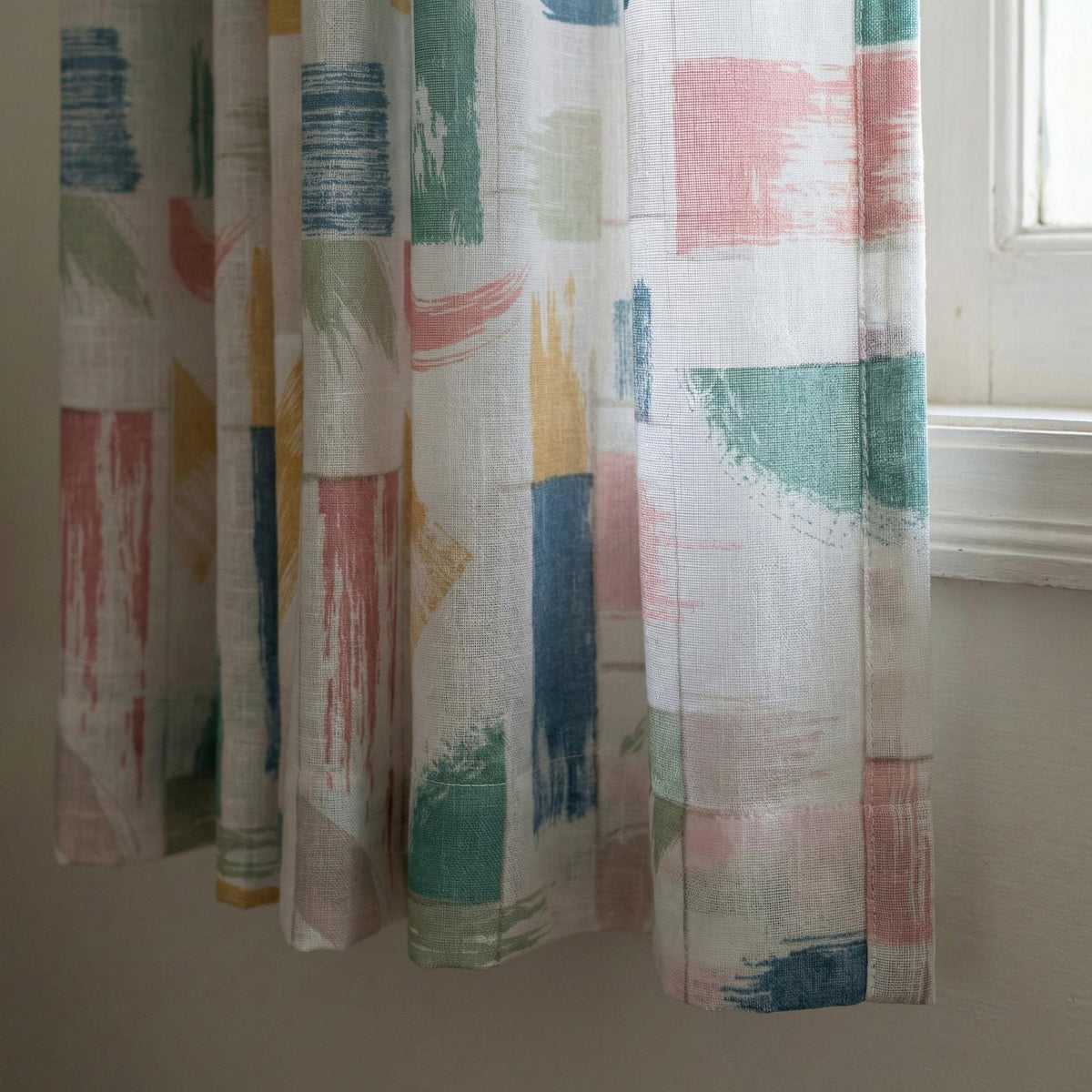White Linen Sheer Curtains, Brushstroke Patchwork Print, Nursery Decor — image 4