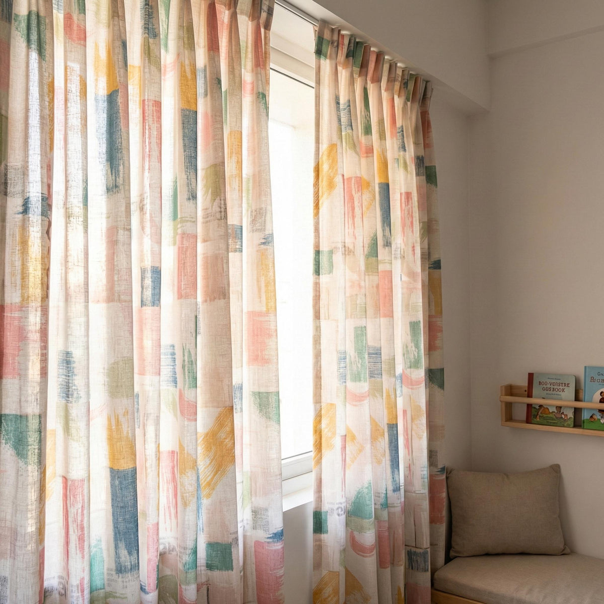 White Linen Sheer Curtains, Brushstroke Patchwork Print, Nursery Decor — image 9