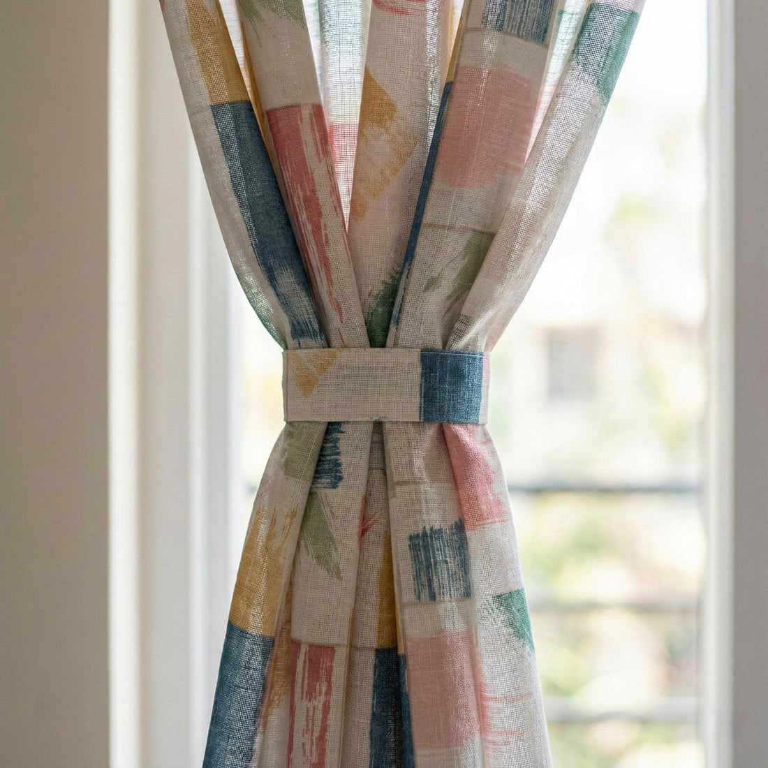 White Linen Sheer Curtains, Brushstroke Patchwork Print, Nursery Decor — image 1