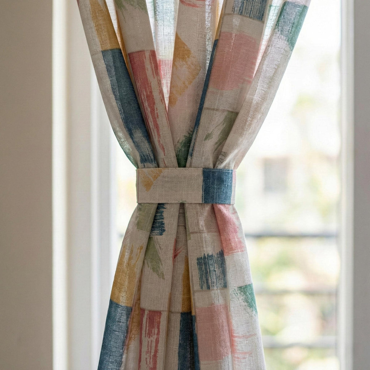 White Linen Sheer Curtains, Brushstroke Patchwork Print, Nursery Decor — image 2