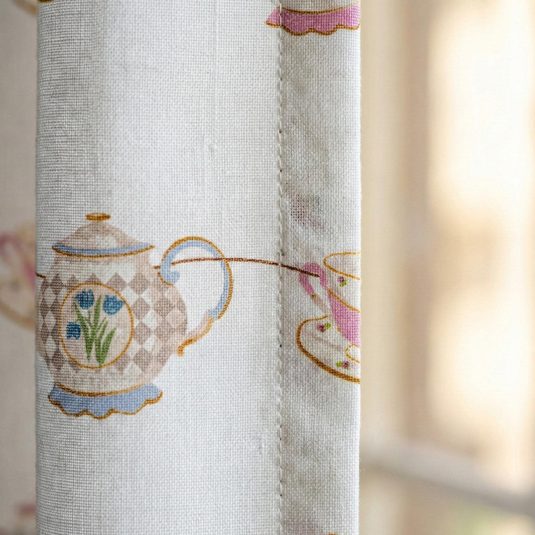 Linen Nursery Curtains, Tea Party Teapot Print, Vintage Pastel Decor, Custom Size — image 1
