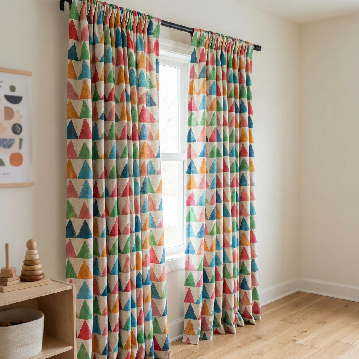 Watercolor Triangle Linen Curtain, Cream Nursery Drapes, Custom Size — image 4