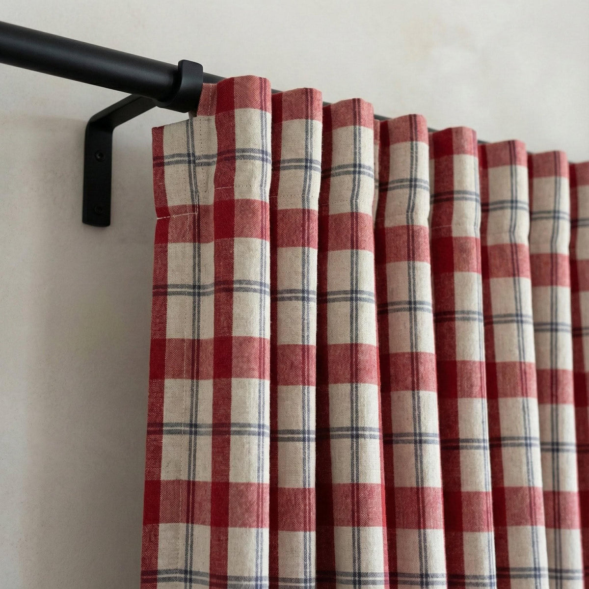 Organic Linen Curtains: Red Buffalo Check, Blackout Lined — image 1