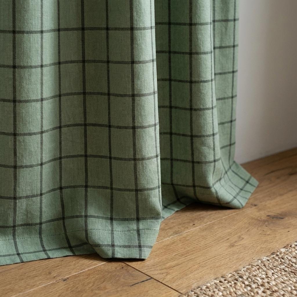 Organic Linen Curtains: Sage Green Windowpane Check (Blackout or Light Filtering) — image 3