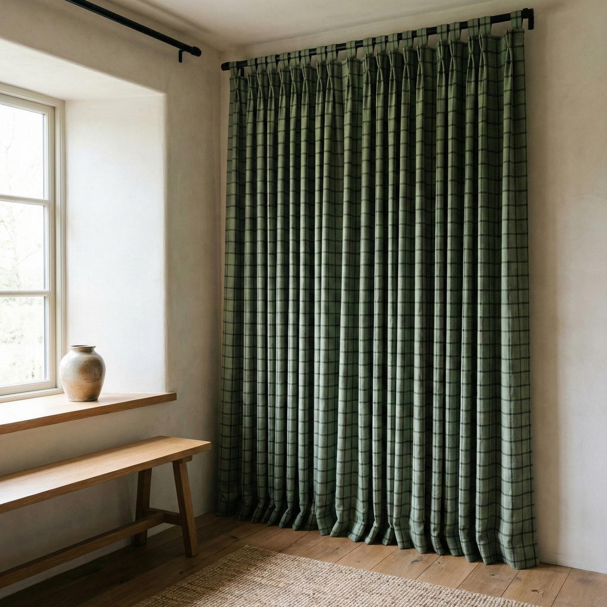 Organic Linen Curtains: Sage Green Windowpane Check (Blackout or Light Filtering) — image 8